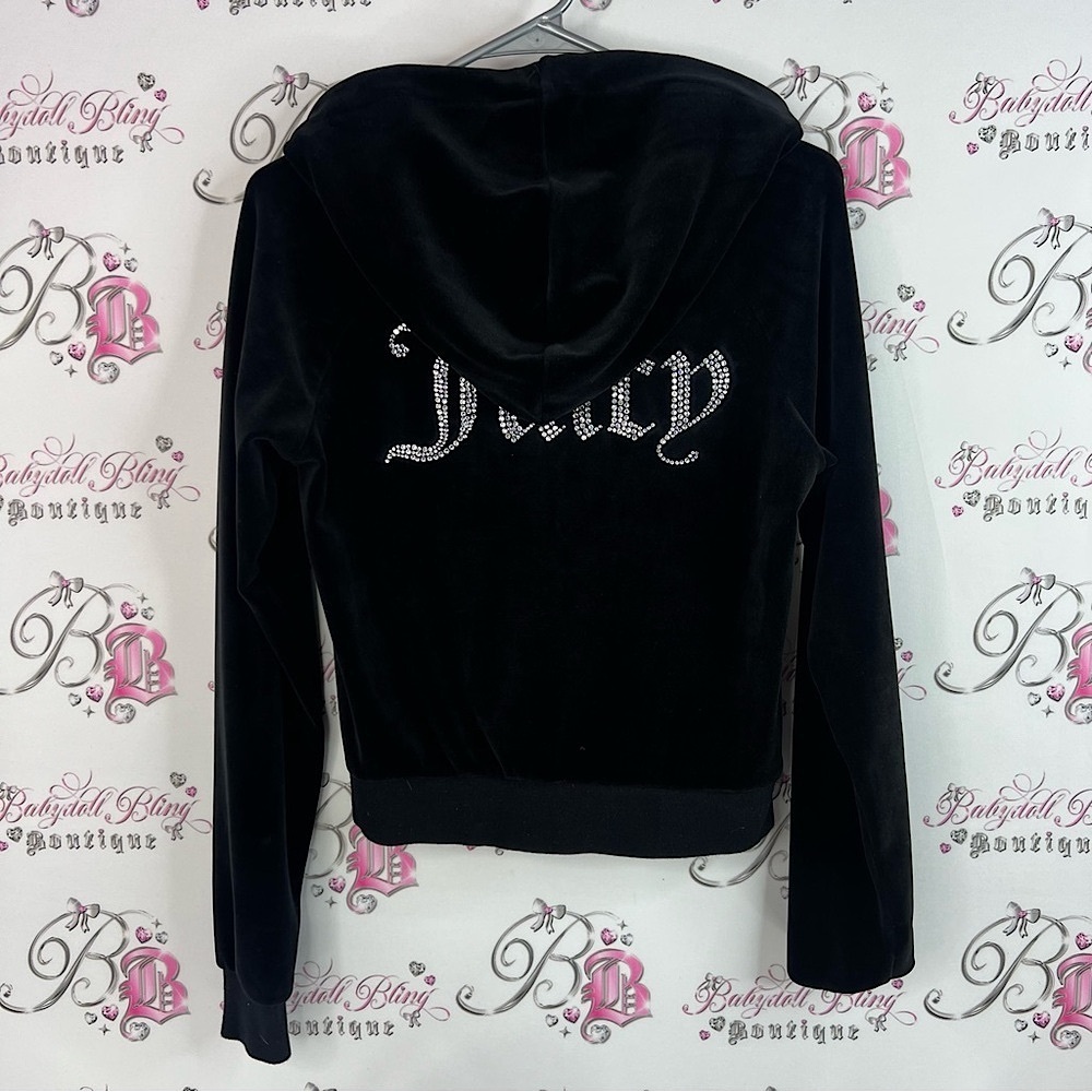 Juicy Couture Black Velour Hoodie rhinestone bling back logo hoodie sweater